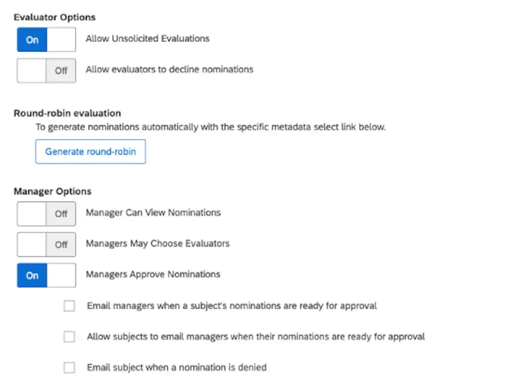 Image of toggles showing evaluator option and manager options within platform